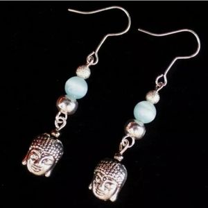 New Buddha Head and Blue Cat Eye Silver Earrings.